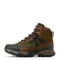 Brown hiking boot with black and red accents on a white background