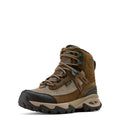 Brown hiking boot with black sole on a white background