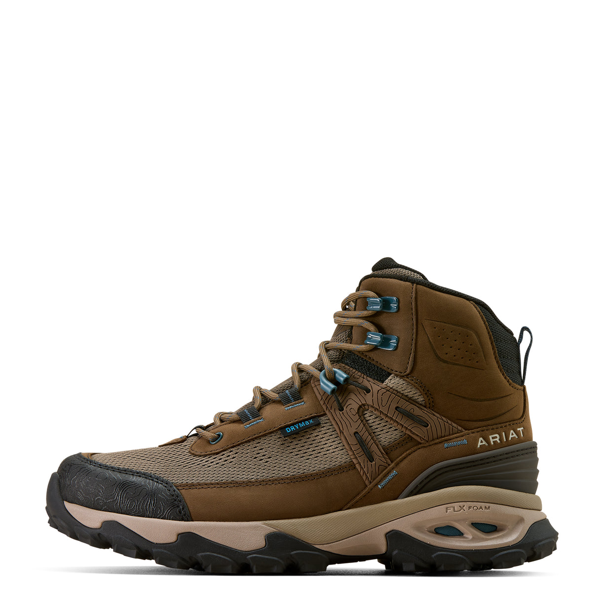 Brown hiking boot with black sole on a white background