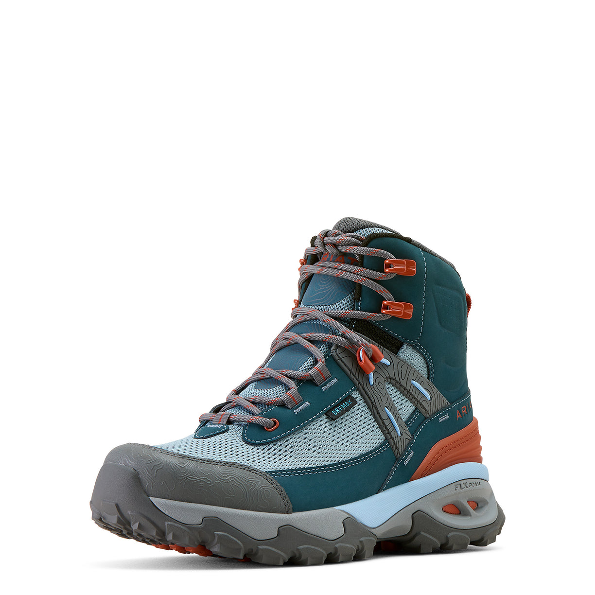 Hiking boot with teal, gray, and orange color scheme on a white background