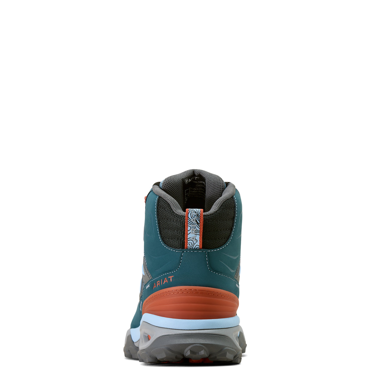 Hiking boot with orange sole and teal upper on a white background