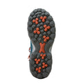 Close-up of a shoe sole with orange and gray pattern on a white background