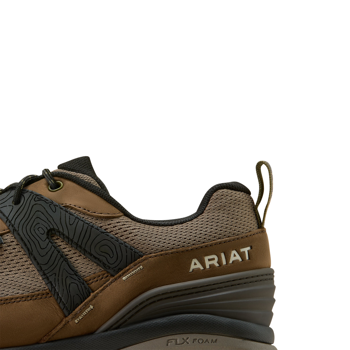 Brown Ariat shoe with black accents on a white background