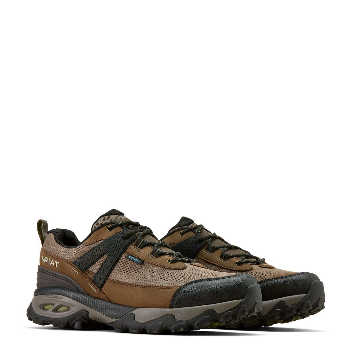 Brown hiking shoes with black accents on a white background
