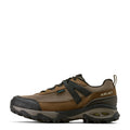 Brown hiking shoe with black accents on a white background
