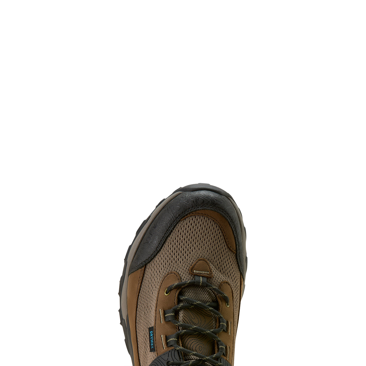 Brown hiking shoe with black sole on a white background