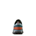 Back view of a blue and orange athletic shoe on a white background