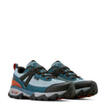 Pair of blue and orange hiking shoes on a white background
