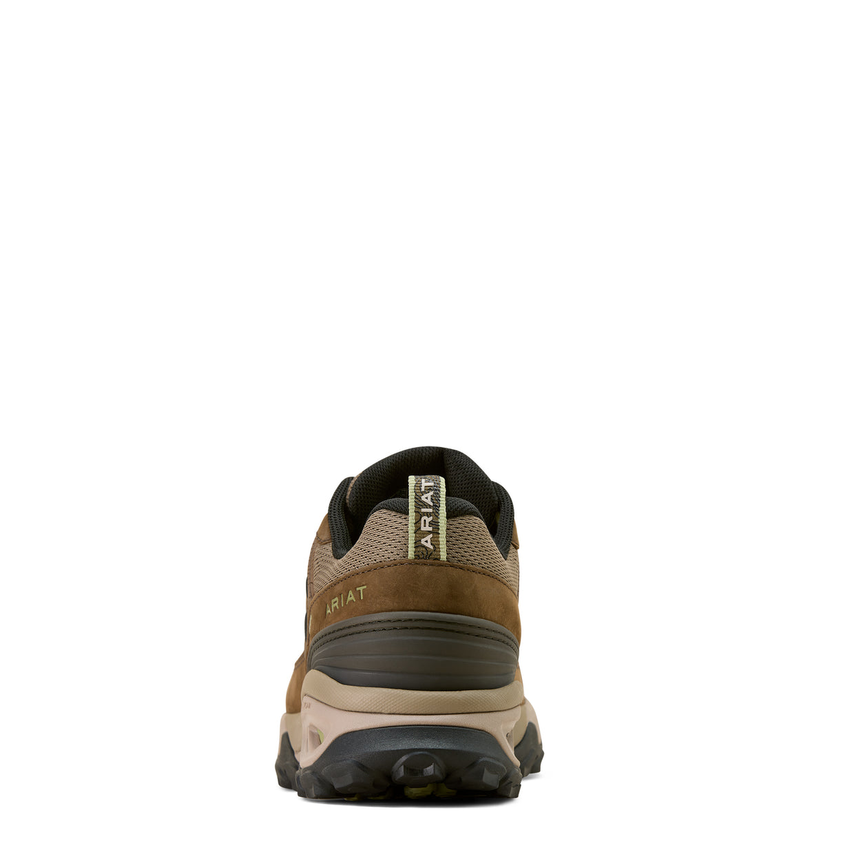 Brown and beige hiking shoe with Ariat branding on a white background