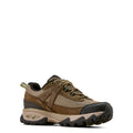 Brown hiking shoe with black sole on a white background