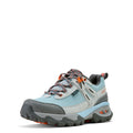 Hiking shoe with gray and blue design on a white background