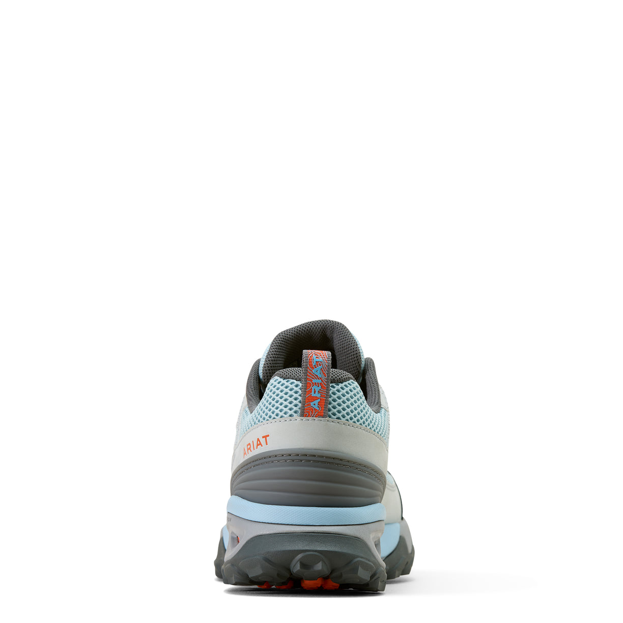 Back view of a hiking shoe with brand logo on a white background