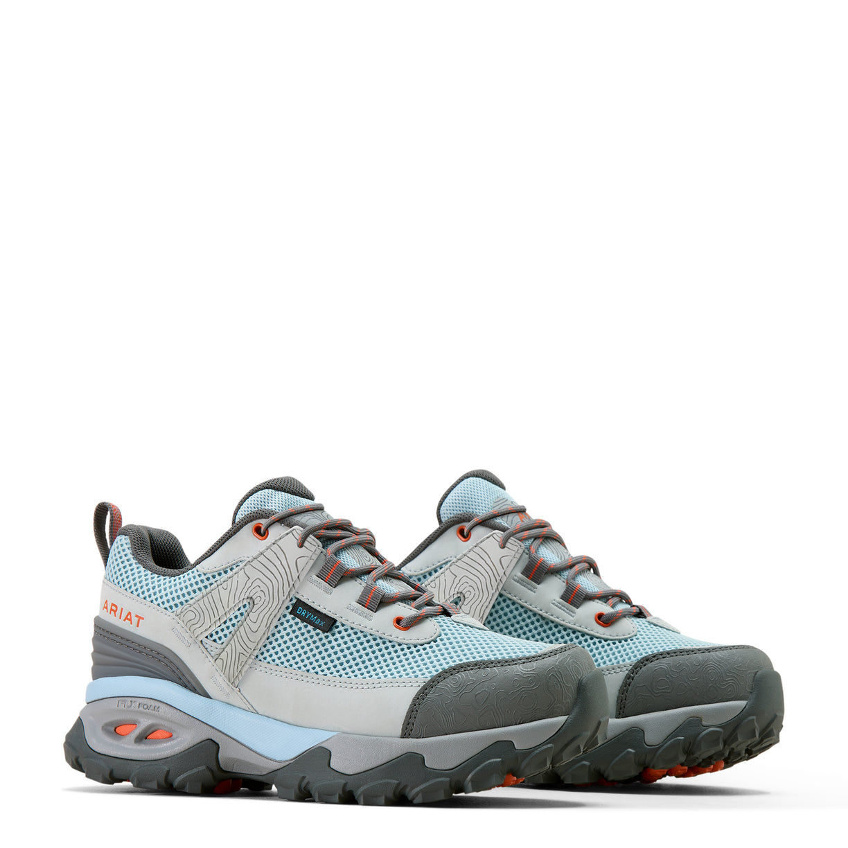 Pair of gray and blue hiking shoes on a white background