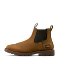 Brown leather boot with black inner lining on a white background