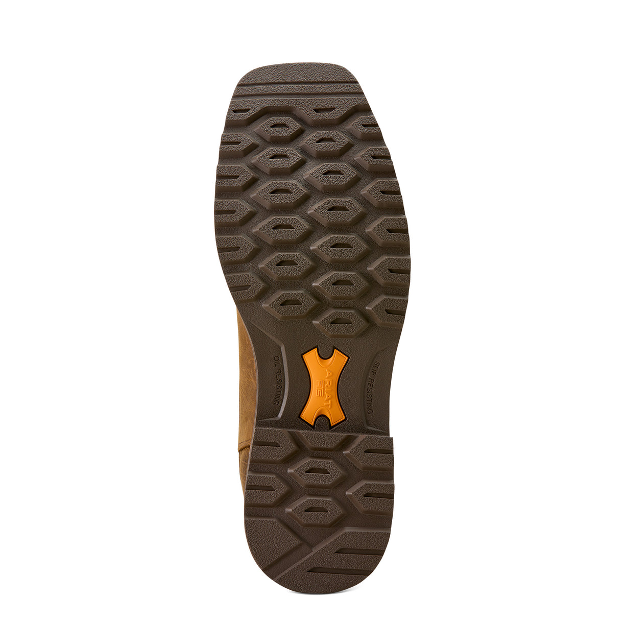 Brown shoe sole with a brand logo on a white background