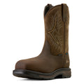 Brown work boot with intricate stitching on a white background