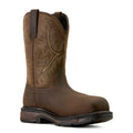 Brown cowboy boot with intricate stitching on a white background