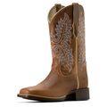 Brown cowboy boot with intricate embroidery on a white background