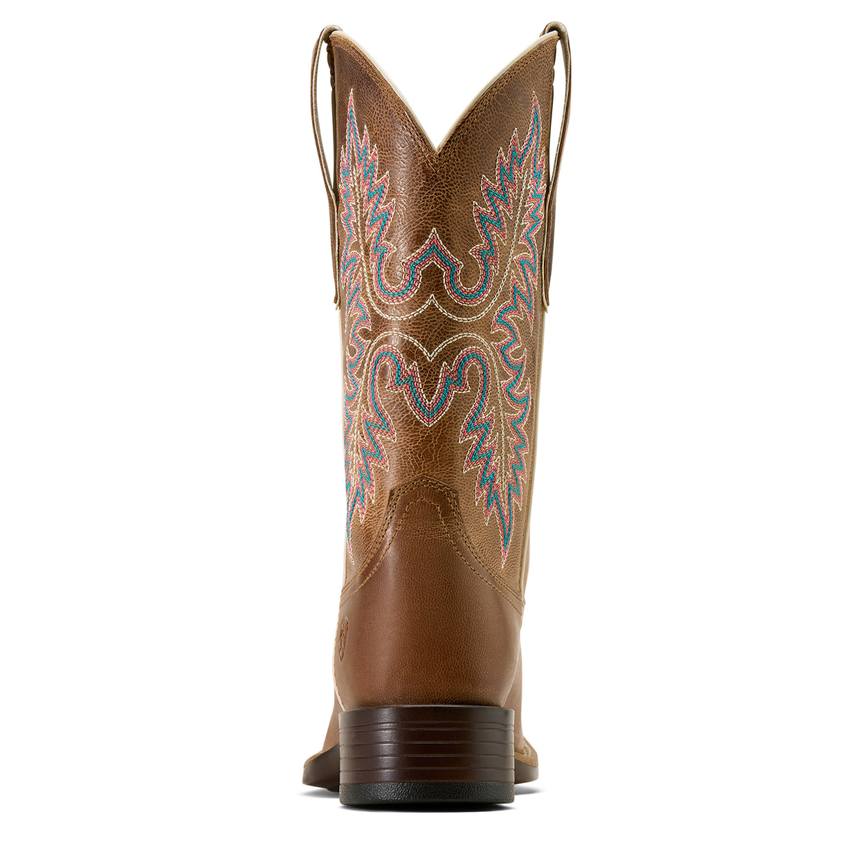 Brown cowboy boot with intricate white and blue embroidery on a white background