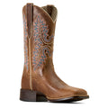 Brown cowboy boot with intricate embroidery on a white background
