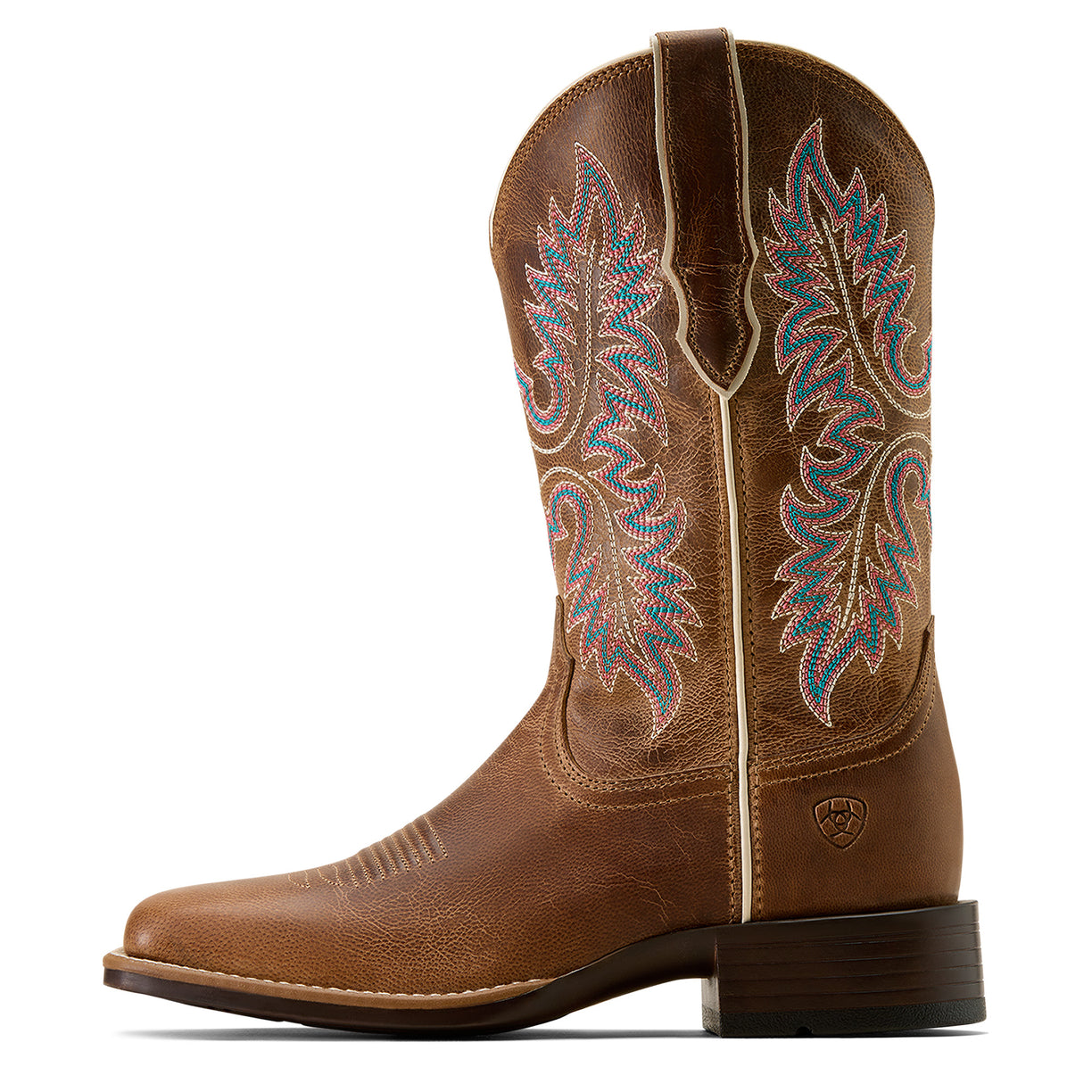 Brown cowboy boot with intricate embroidery on a white background