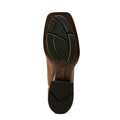 Close-up of a brown shoe sole with black tread pattern on a white background