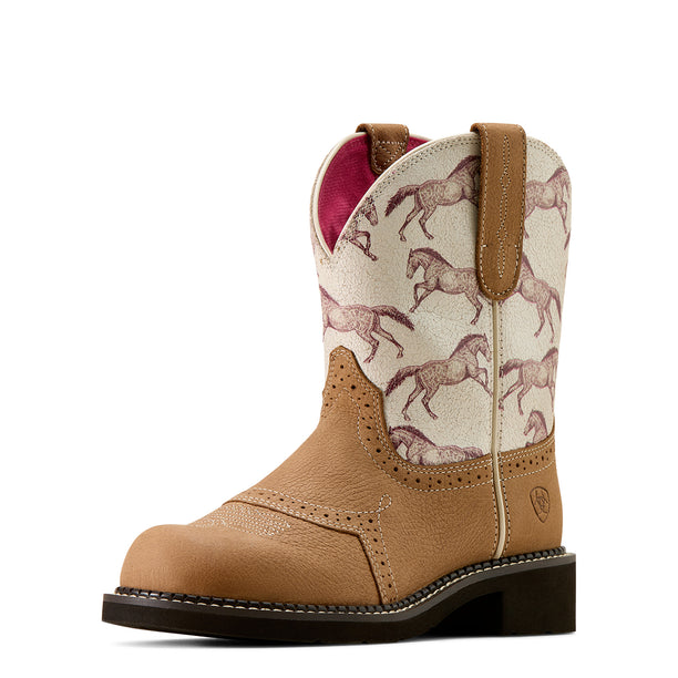 Tan cowboy boot with horse pattern on a white background
