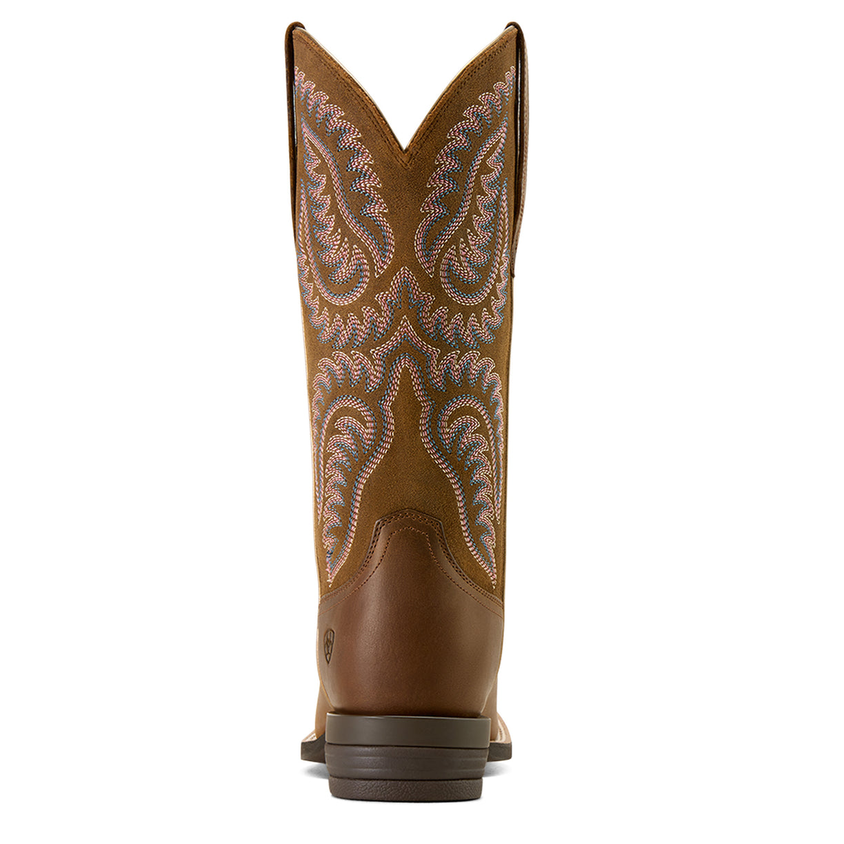 Brown cowboy boot with intricate embroidery on a white background