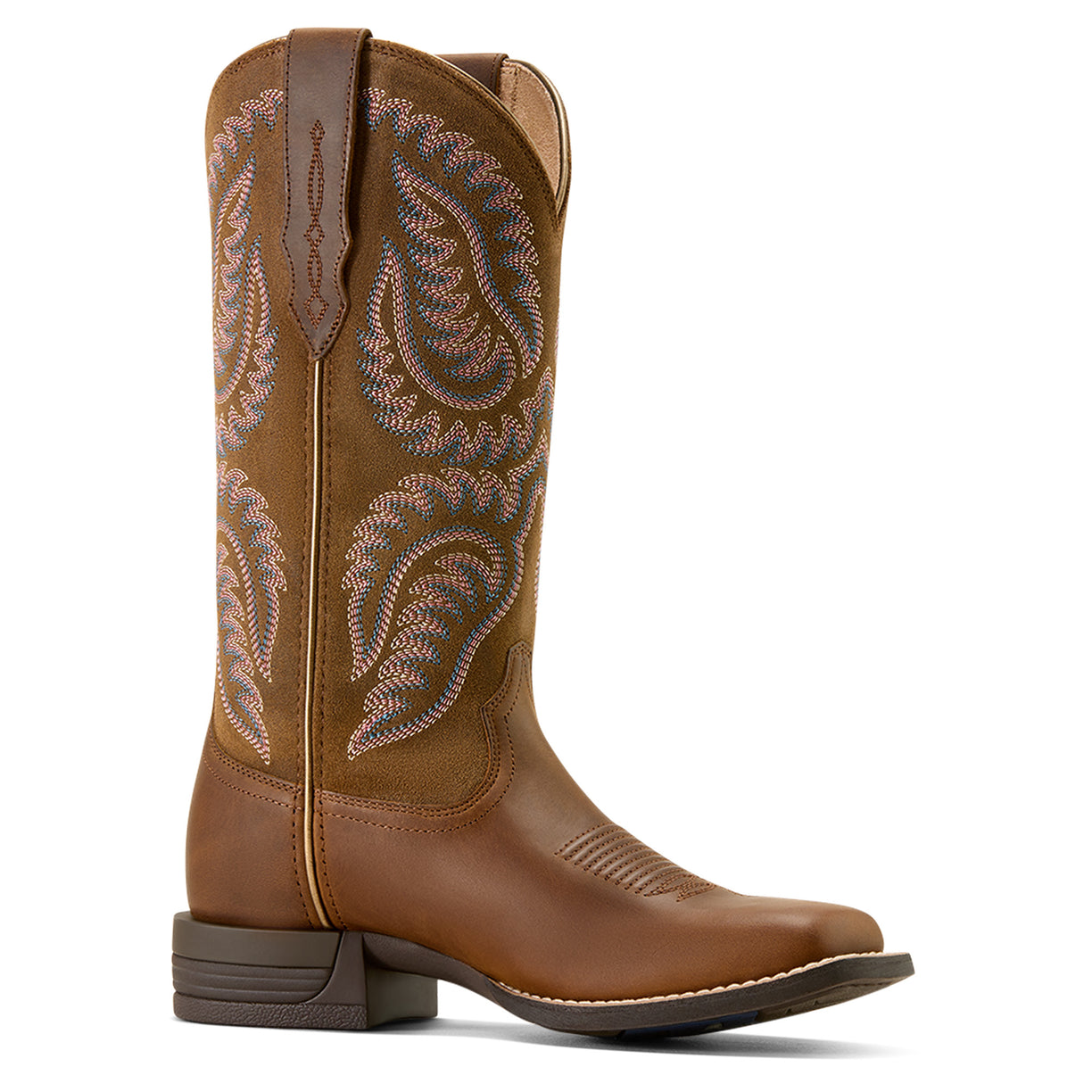 Brown cowboy boot with intricate embroidery on a white background