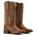 Pair of brown cowboy boots with intricate stitching on a white background