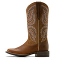 Brown cowboy boot with intricate stitching on a white background