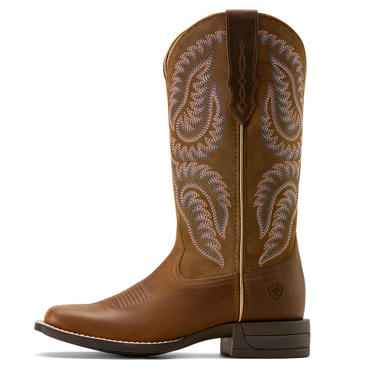 Brown cowboy boot with intricate stitching on a white background