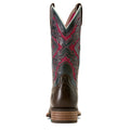 Brown cowboy boot with intricate red and black embroidery on a white background