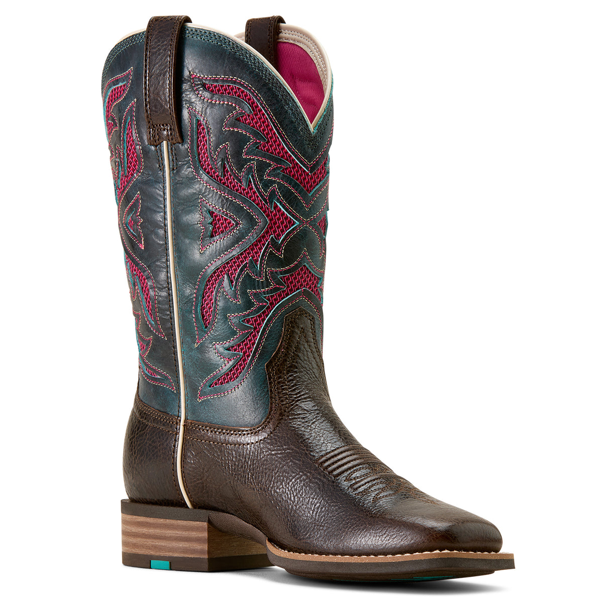 Brown cowboy boot with intricate red and black embroidery on a white background