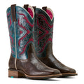 Pair of brown cowboy boots with blue and red patterns on a white background