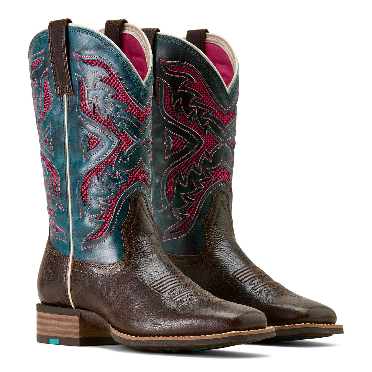 Pair of brown cowboy boots with blue and red patterns on a white background