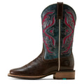 Brown cowboy boot with intricate blue and red stitching on a white background