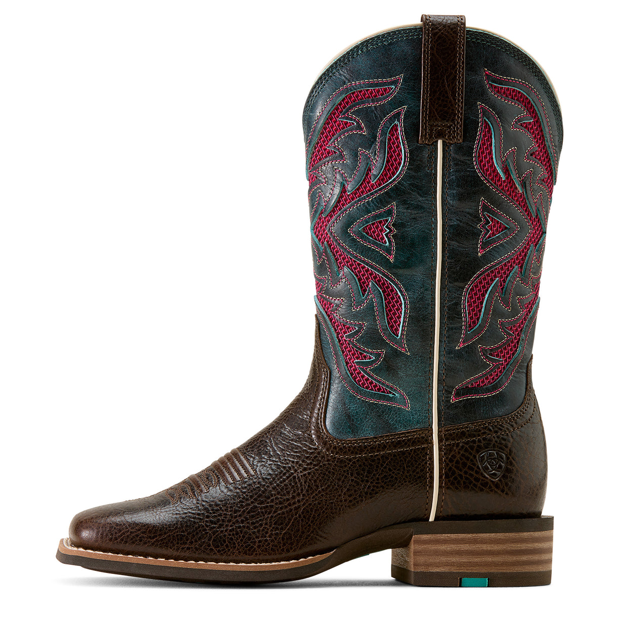Brown cowboy boot with intricate blue and red stitching on a white background