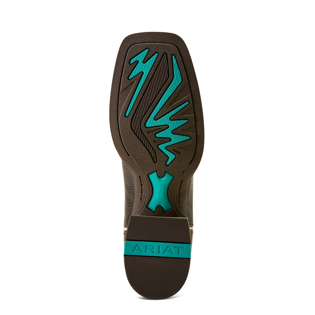 Close-up of a boot sole with teal and brown design on a white background
