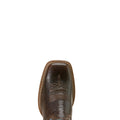 Brown leather boot with intricate design on a white background