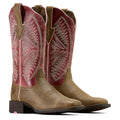 Pair of brown and red cowboy boots with intricate designs on a white background
