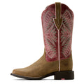Brown cowboy boot with red and green embroidered interior on a white background