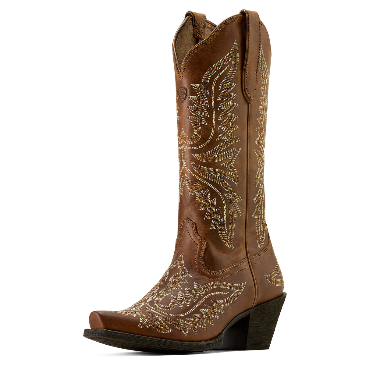 Brown cowboy boot with intricate white embroidery on a white background
