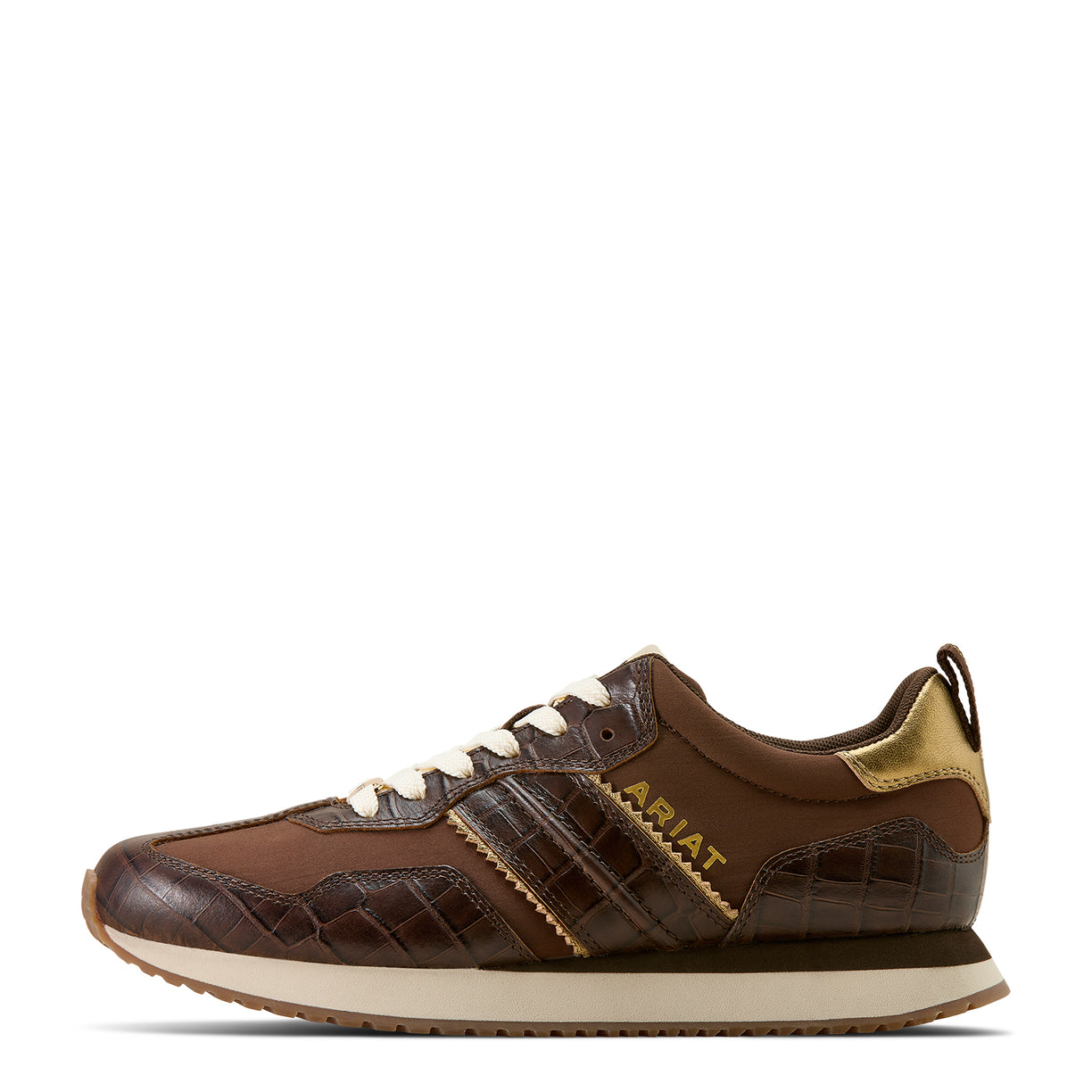 Brown sneaker with gold accents on a white background