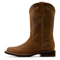 Brown cowboy boot with intricate stitching on a white background