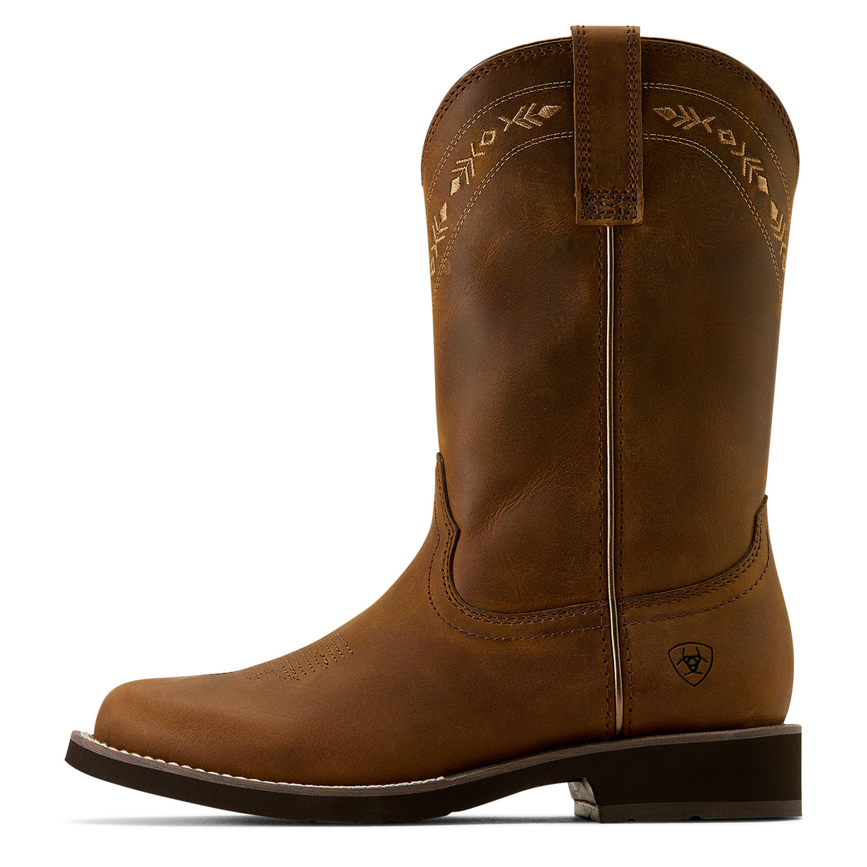 Brown cowboy boot with intricate stitching on a white background