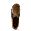 Brown slip-on shoe with intricate floral pattern on a white background