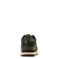 Back view of a black sneaker with a white background