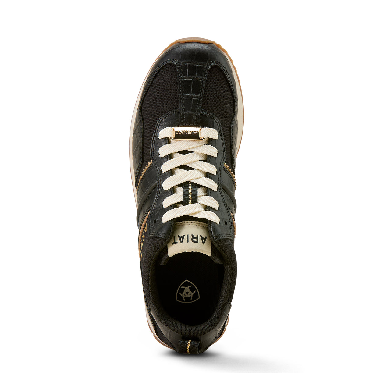 Black sneaker with white laces on a white background