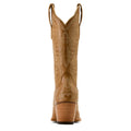 Tan cowboy boot with intricate patterns on a white background
